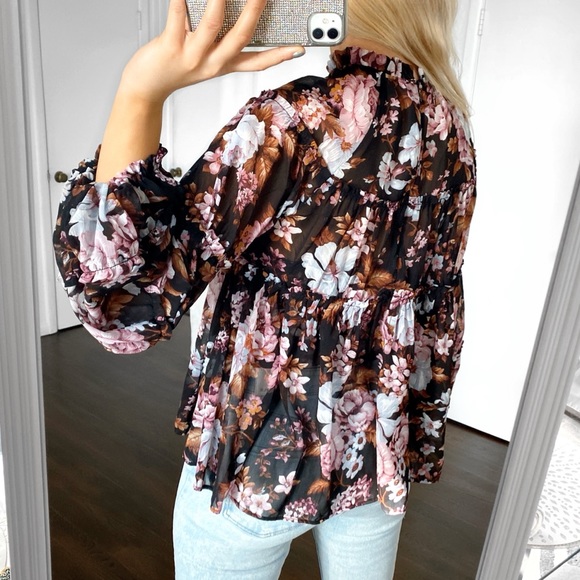 🍂 O.P.T ANTHROPOLOGY BOHO FLORAL 2-in-1 BLACK RUST RUFFLE BAGGY LONG SLEEVE TOP - Picture 6 of 16